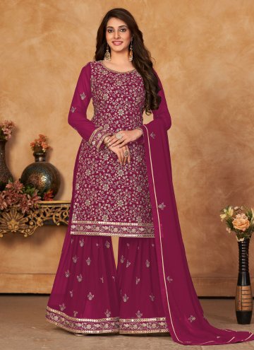 Magenta Faux Georgette Embroidered Sharara Suit fo