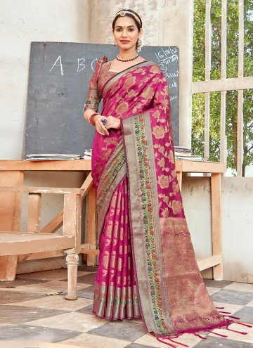 Magenta Organza Embroidered Traditional Saree for Ceremonial