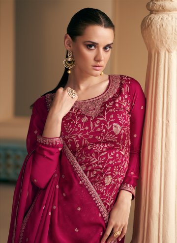 Magenta Palazzo Suit in Satin Silk with Embroidered