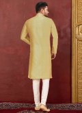 Malbari Silk Kurta Pyjama in Yellow Enhanced with Embroidered - 1