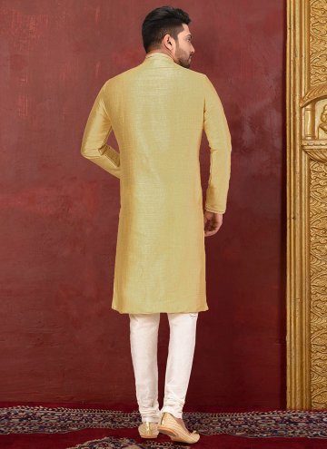Malbari Silk Kurta Pyjama in Yellow Enhanced with Embroidered