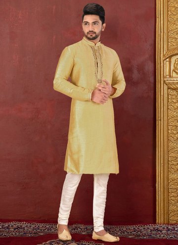 Malbari Silk Kurta Pyjama in Yellow Enhanced with 