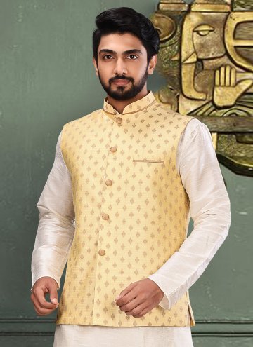 Malbari Silk Nehru Jackets in Yellow Enhanced with
