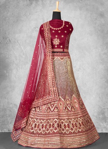 Maroon A Line Lehenga Choli in Velvet with Embroidered