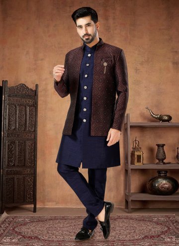 Maroon and Navy Blue color Jacquard Indo Western with Embroidered