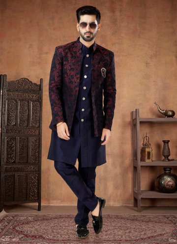 Maroon and Navy Blue Jacquard Embroidered Indo Wes