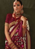 Maroon and Off White Classic Designer Saree in Silk with Foil Print - 1