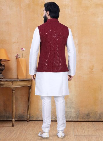 Maroon and Off White color Fancy work Lucknowi Kurta Payjama With Jacket