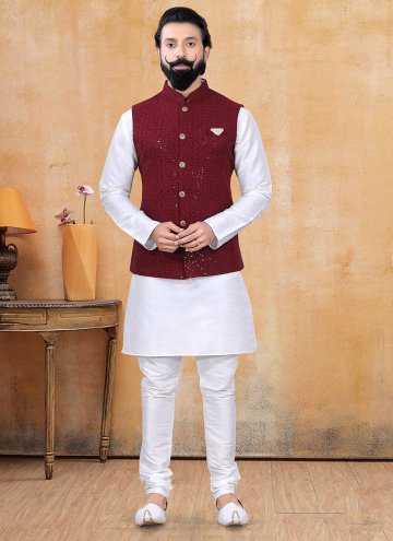 Maroon and Off White color Fancy work Lucknowi Kur