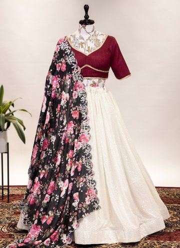 Maroon and Off White Georgette Embroidered A Line 