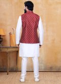 Maroon and Off White Jacquard Fancy work Kurta Payjama With Jacket for Ceremonial - 1