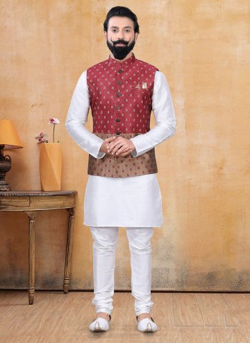 Maroon and Off White Jacquard Fancy work Kurta Payjama With Jacket for Ceremonial