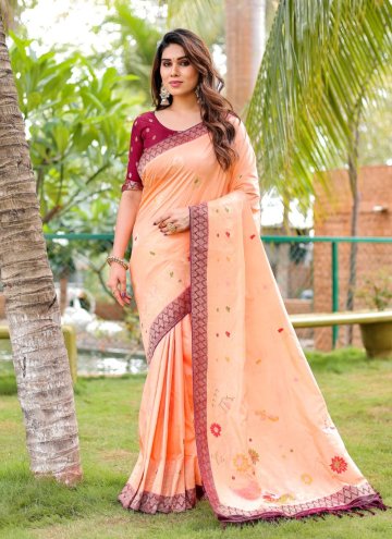 Maroon and Peach color Woven Silk Classic Designer Saree