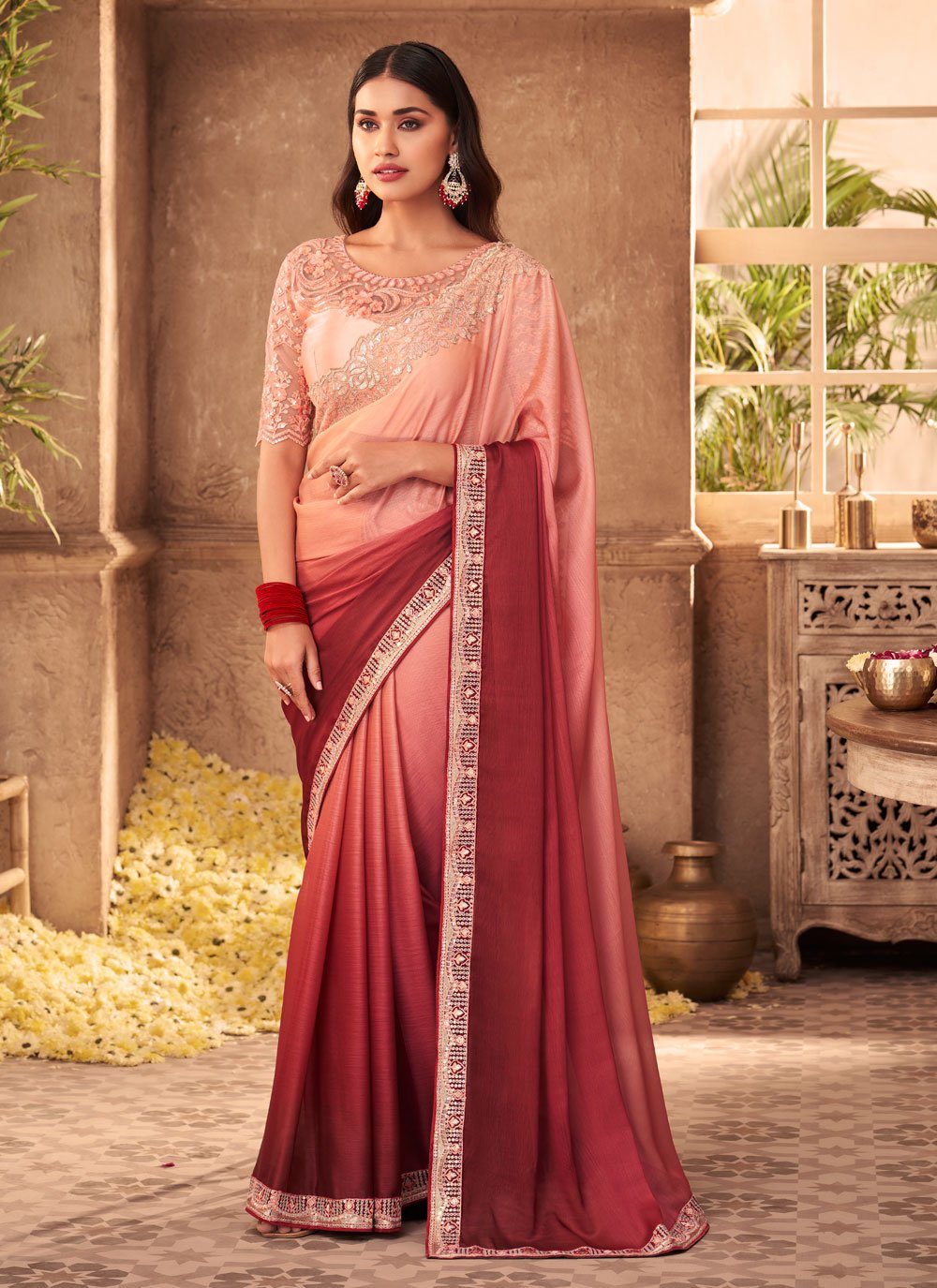 Maroon and Peach Silk Embroidered Shaded Saree for Ceremonial