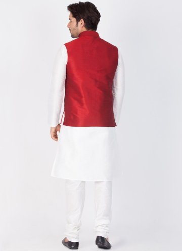 Maroon and White Art Dupion Silk Fancy work Kurta Payjama With Jacket for Ceremonial
