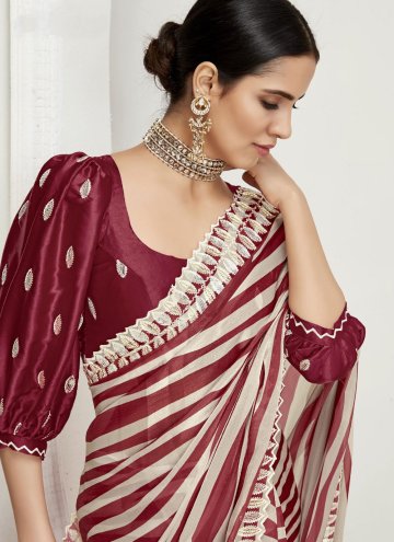 Maroon and White color Organza Classic Designer Saree with Embroidered