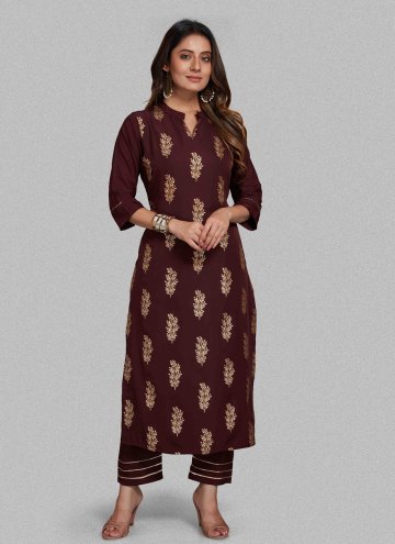 Maroon Blended Cotton Printed Pant Style Suit for 