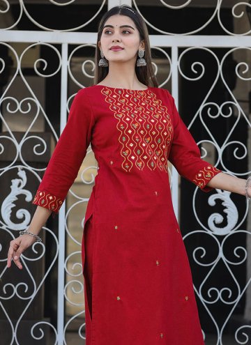 Maroon Casual Kurti in Cotton  with Embroidered