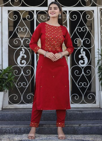 Maroon Casual Kurti in Cotton  with Embroidered