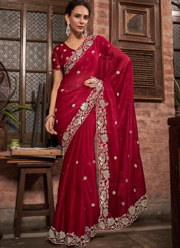 Maroon Chiffon Embroidered Trendy Saree for Ceremonial