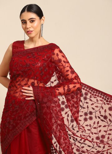 Maroon Classic Designer Saree in Net with Embroidered