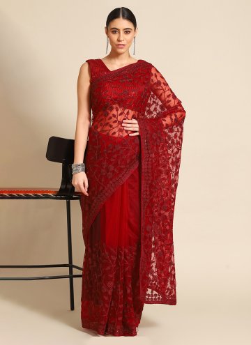 Maroon Classic Designer Saree in Net with Embroidered