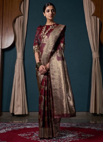 Maroon Classic Designer Saree in Satin Silk with Designer
