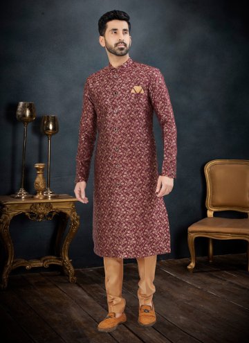 Maroon color Banarasi Jacquard Kurta Pyjama with Embroidered