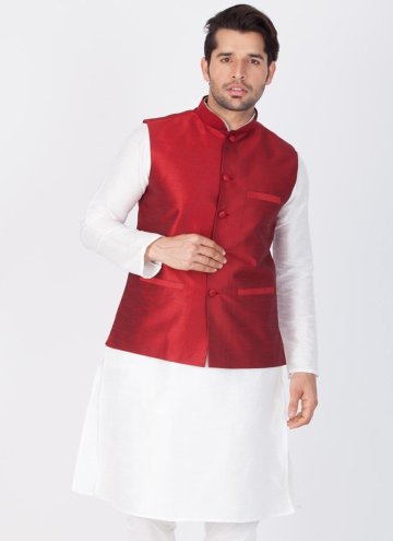 Maroon color Buttons Art Dupion Silk Nehru Jackets