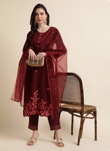 Maroon color Chinon Straight Salwar Kameez with Em