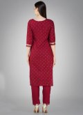 Maroon color Cotton  Pant Style Suit with Embroidered - 1