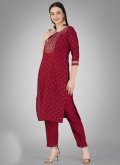 Maroon color Cotton  Pant Style Suit with Embroidered - 2