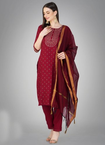 Maroon color Cotton  Pant Style Suit with Embroidered