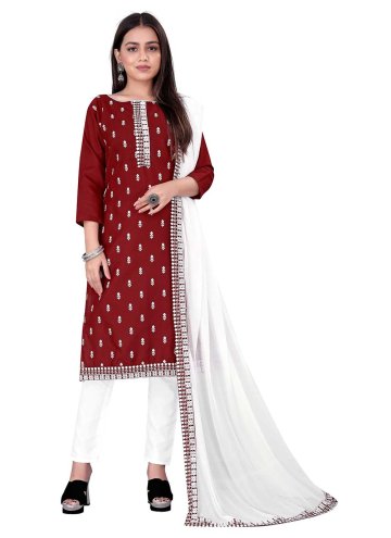Maroon color Cotton  Pant Style Suit with Embroide