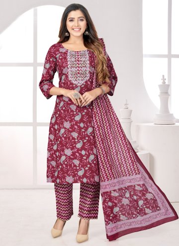 Maroon color Cotton  Salwar Suit with Embroidered