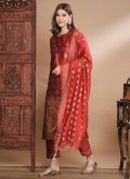 Maroon color Cotton Silk Pant Style Suit with Jacquard Work - 2