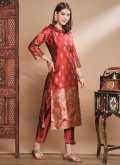 Maroon color Cotton Silk Pant Style Suit with Jacquard Work - 3