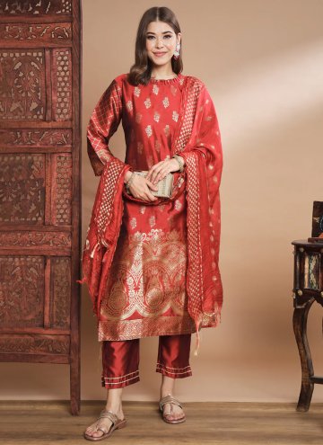 Maroon color Cotton Silk Pant Style Suit with Jacq
