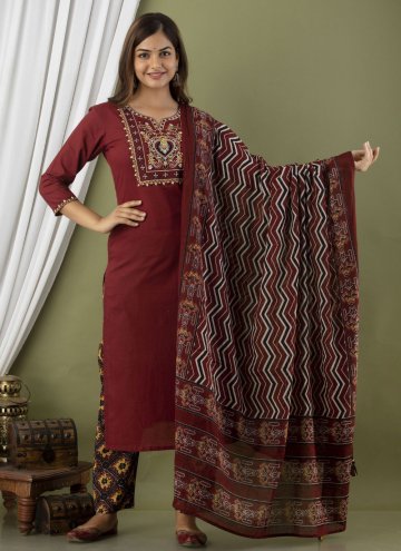 Maroon color Embroidered Cotton  Salwar Suit
