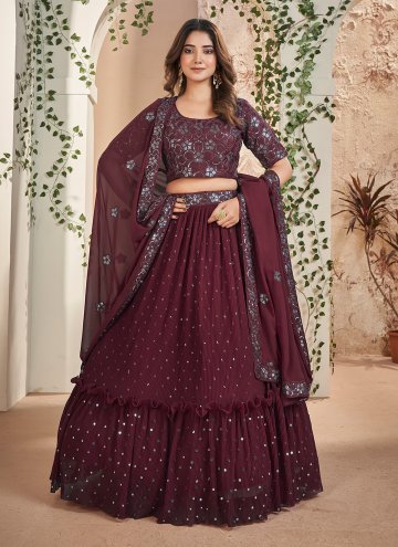 Maroon color Embroidered Faux Georgette A Line Leh