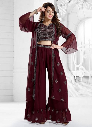 Maroon color Embroidered Faux Georgette Palazzo Suit