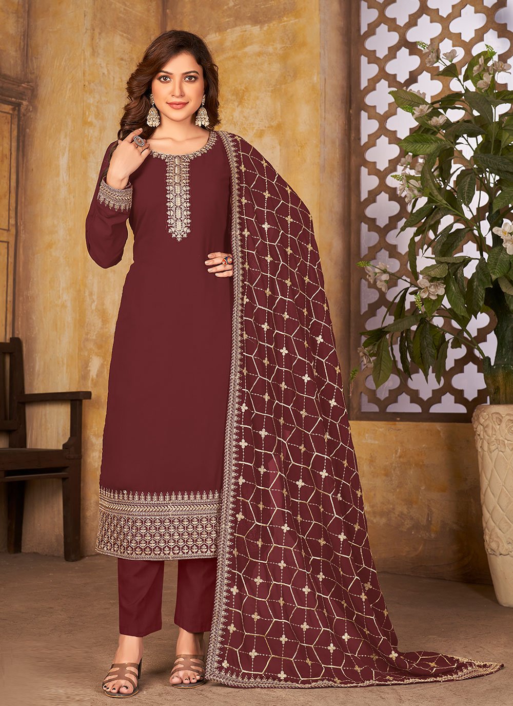 Maroon color Embroidered Faux Georgette Salwar Suit