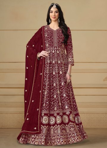 Maroon color Embroidered Faux Georgette Trendy Sal