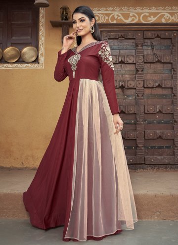 Maroon color Embroidered Muslin Designer Gown