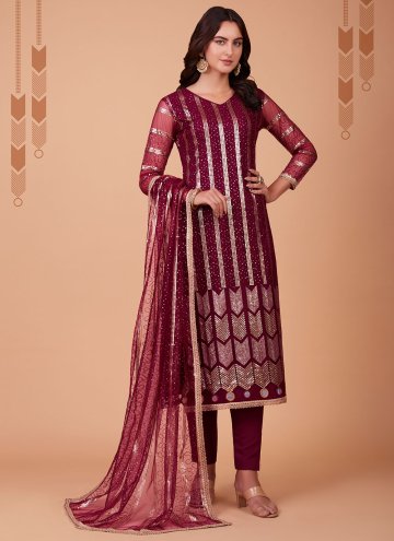 Maroon color Embroidered Net Salwar Suit