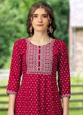 Maroon color Embroidered Rayon Party Wear Kurti - 1