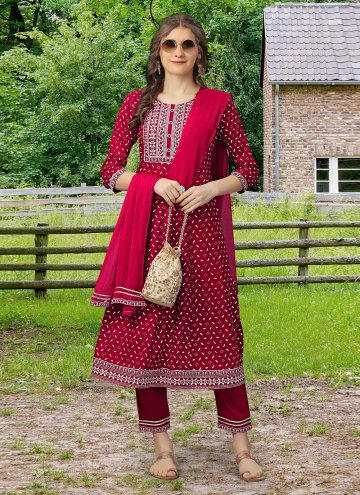 Maroon color Embroidered Rayon Party Wear Kurti