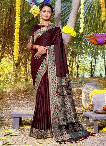 Maroon color Embroidered Satin Silk Traditional Saree