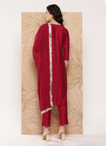 Maroon color Embroidered Silk Blend Pant Style Suit