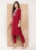 Maroon color Embroidered Silk Blend Pant Style Suit - 2